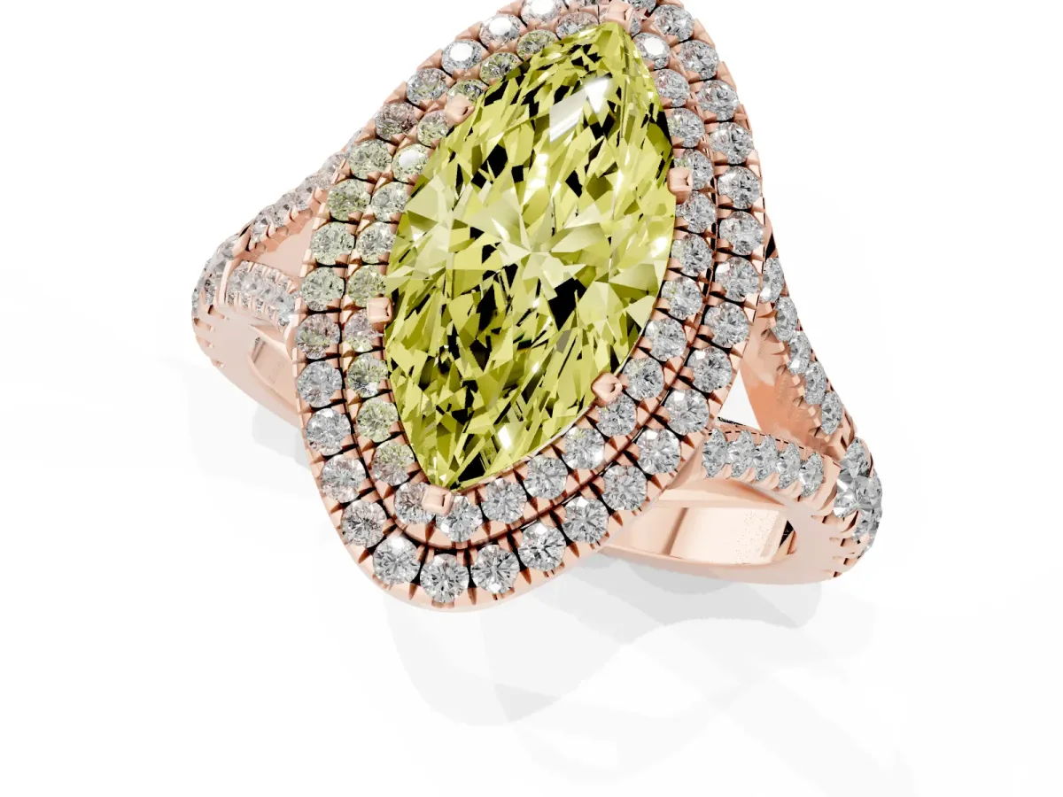 Fancy Yellow Double Halo Marquise Cut Diamond Split Shank Engagement Ring with Four-Prong Setting Rose gold