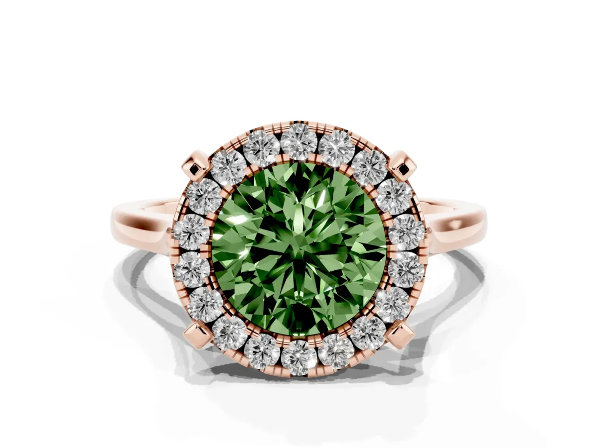 Fancy Green Round Cut Diamond Cluster Halo Solitaire with Four-Prong Setting Rose gold