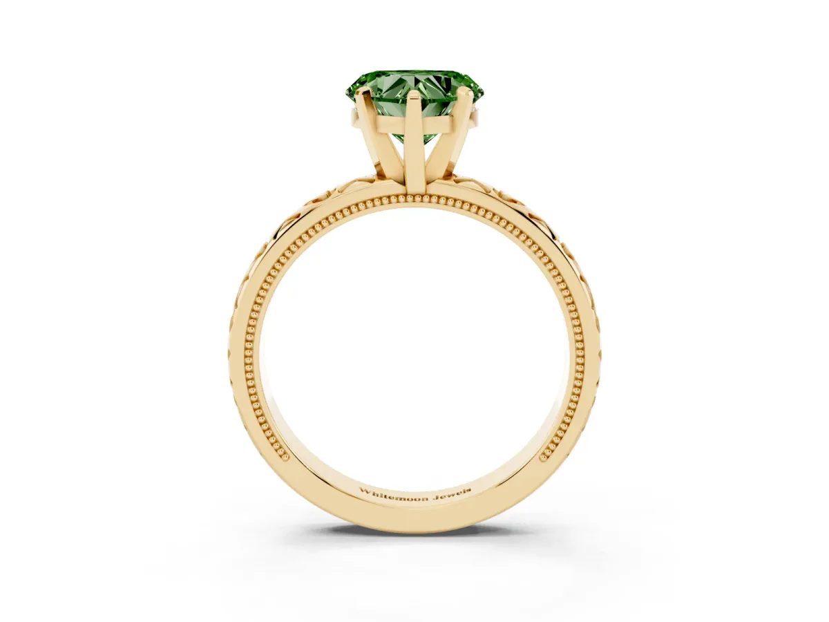 Fancy Green Heart Cut Solitaire Diamond Engagement Ring with XO Engraved Band and Four-Prong Setting Yellow gold