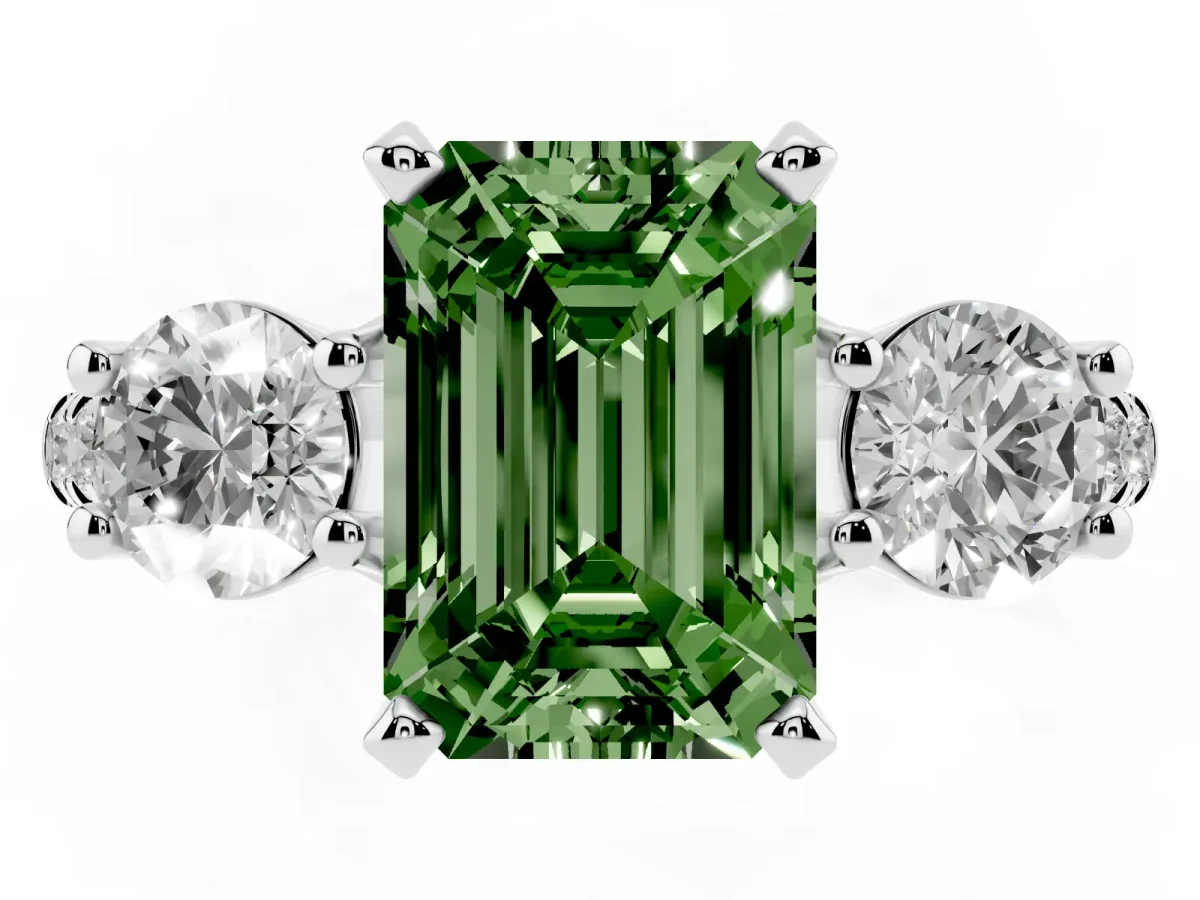 Fancy Green Three-Stone Emerald Cut Diamond Pavé Band with Four-Prong Setting Silver
