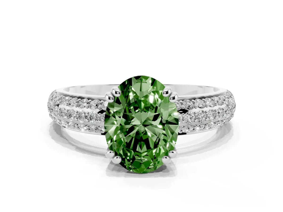 Fancy Green Oval Cut Diamond Solitaire Ring with Multi-Row Round Pavé Band and Prong Setting Silver