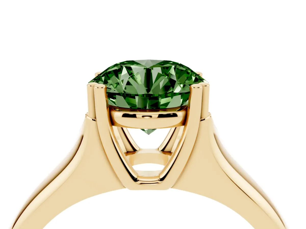 Fancy Green Round Cut Diamond Solitaire Ring with Wide Band and Prong Setting Yellow gold