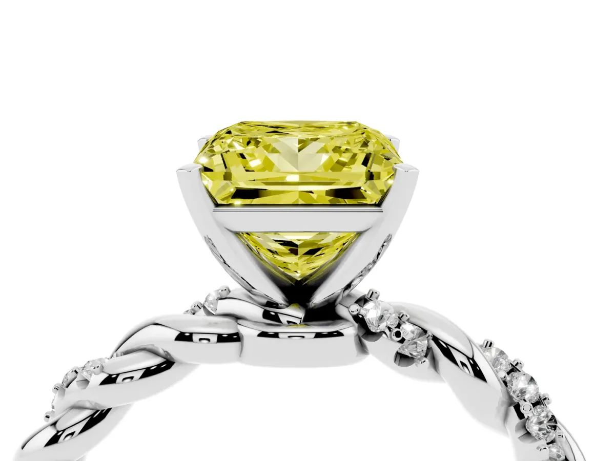 Fancy Yellow Princess Cut Diamond Solitaire Ring with Twisted Band and Pavé Accents Silver