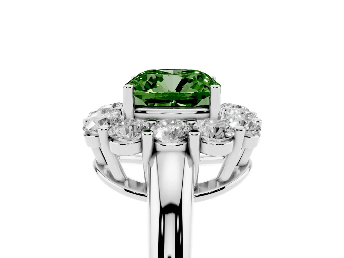 Fancy Green Cushion Cut Halo Cluster Diamond Engagement Ring with Prong Setting and Polished Band Silver