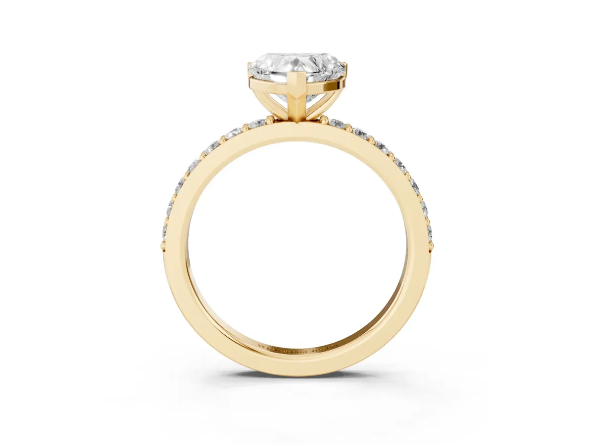 Heart Cut Cut Diamond Solitaire with Pave Band and Four-Prong Setting Yellow gold