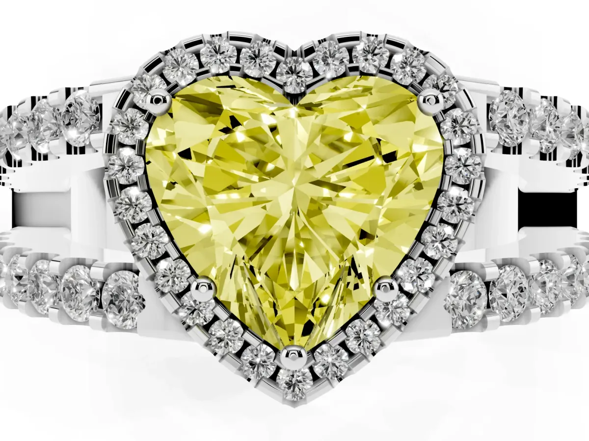 Fancy Yellow Heart Cut Cut Halo Split Shank Diamond Ring with Four-Prong Setting Silver
