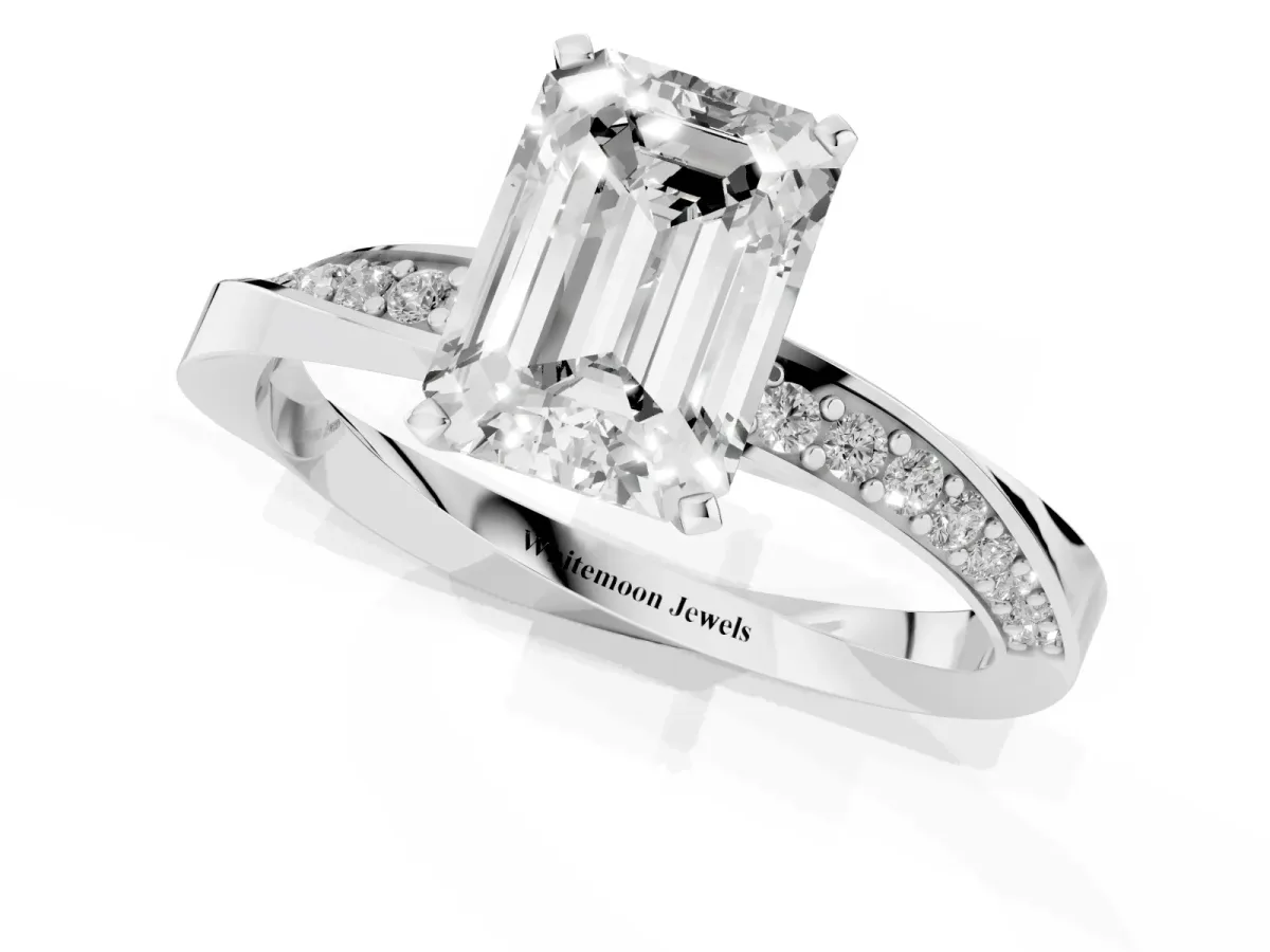 Emerald Cut Diamond Engagement Ring with Side Stone Accents and Four-Prong Setting Silver