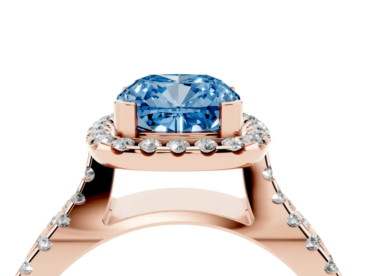 Fancy Blue Cushion Cut Diamond Halo Ring with Split Shank Pavé Band and Prong Setting Rose gold