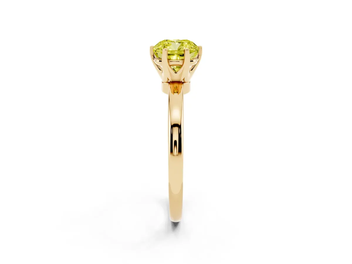 Fancy Yellow Cushion Cut Solitaire Diamond Ring with Six-Prong Setting on a Classic Band Yellow gold