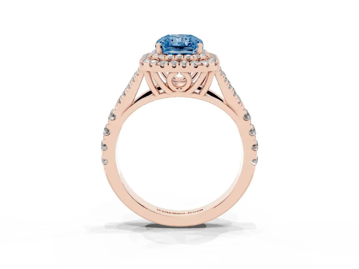 Fancy Blue Double Halo Radiant Cut Diamond Split Shank Engagement Ring with Four-Prong Setting Rose gold