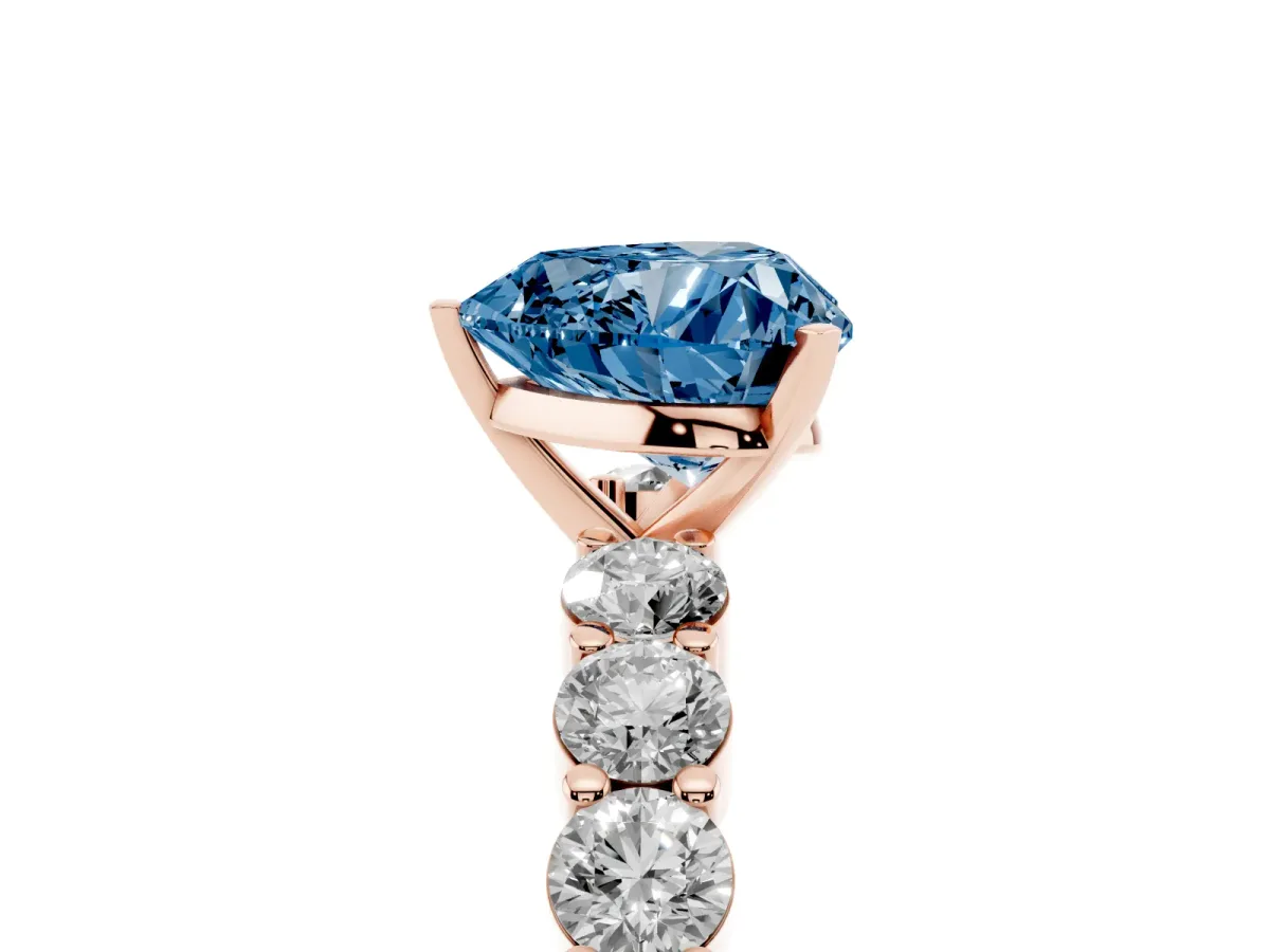 Fancy Blue Heart Cut Diamond Solitaire Ring with Shared Prong Round Side Stones Rose gold