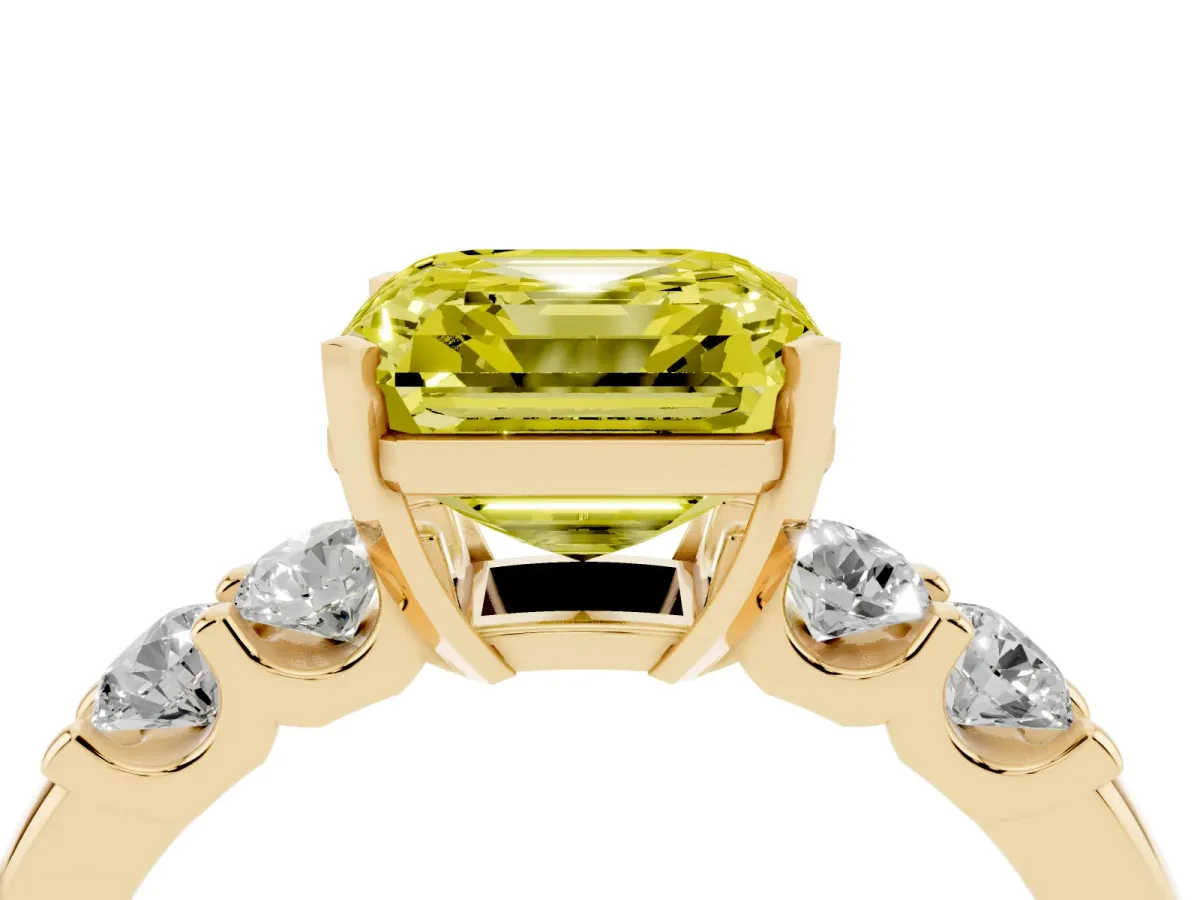Fancy Yellow Asscher Cut Brilliant Cut Diamond Five-Stone Prong Set Engagement Ring with Channel Band Yellow gold