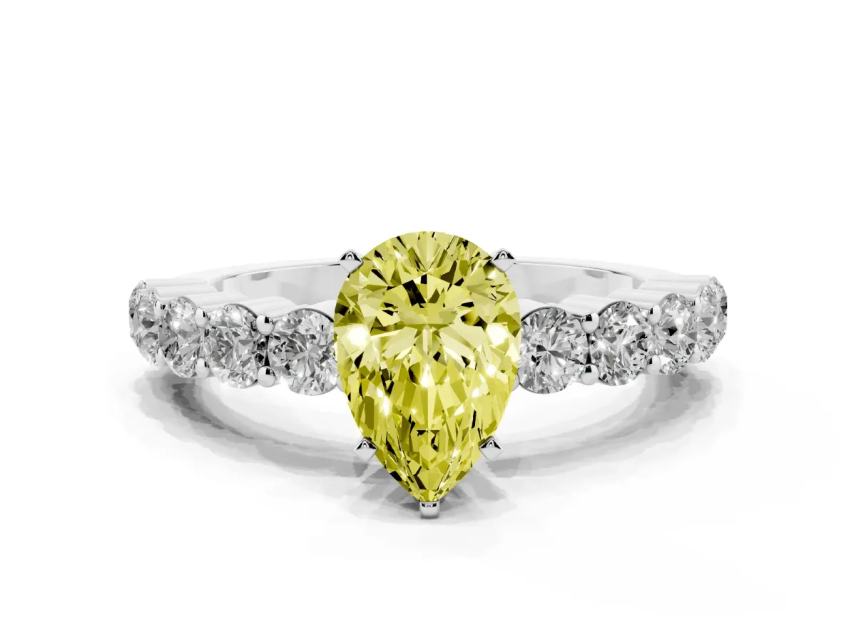 Fancy Yellow Pear Cut Diamond Solitaire Ring with Shared Prong Round Side Stones Silver