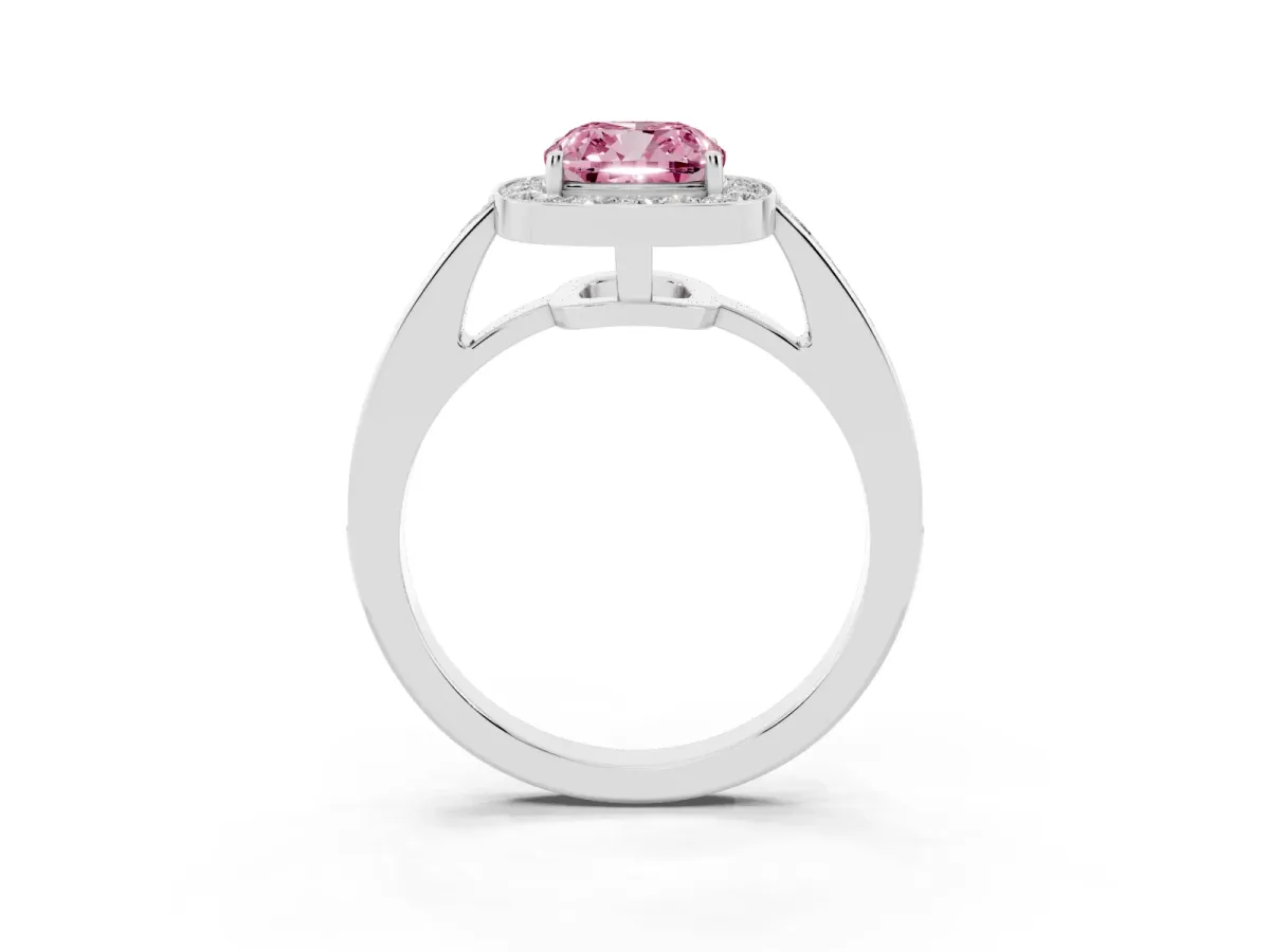 Fancy Pink Cushion Cut Halo Pavé Diamond Engagement Ring with Bezel Setting Silver