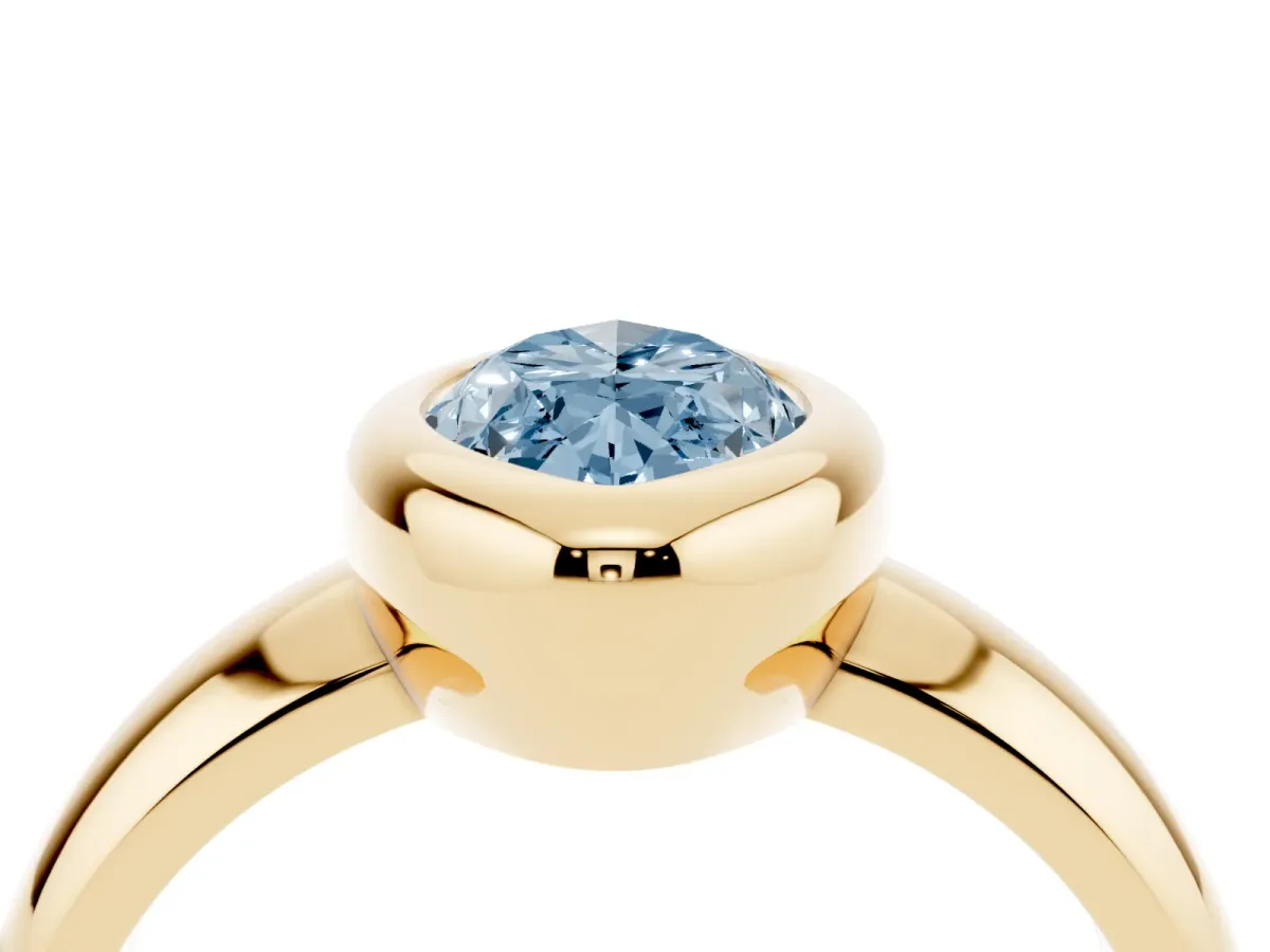Fancy Blue Bezel Set Marquise Cut Solitaire Ring with Wide Band Yellow gold