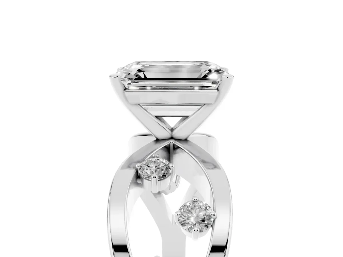 Emerald Cut Cut Solitaire Diamond with Side Stones on Criss-Cross Band and Four-Prong Setting Platinum