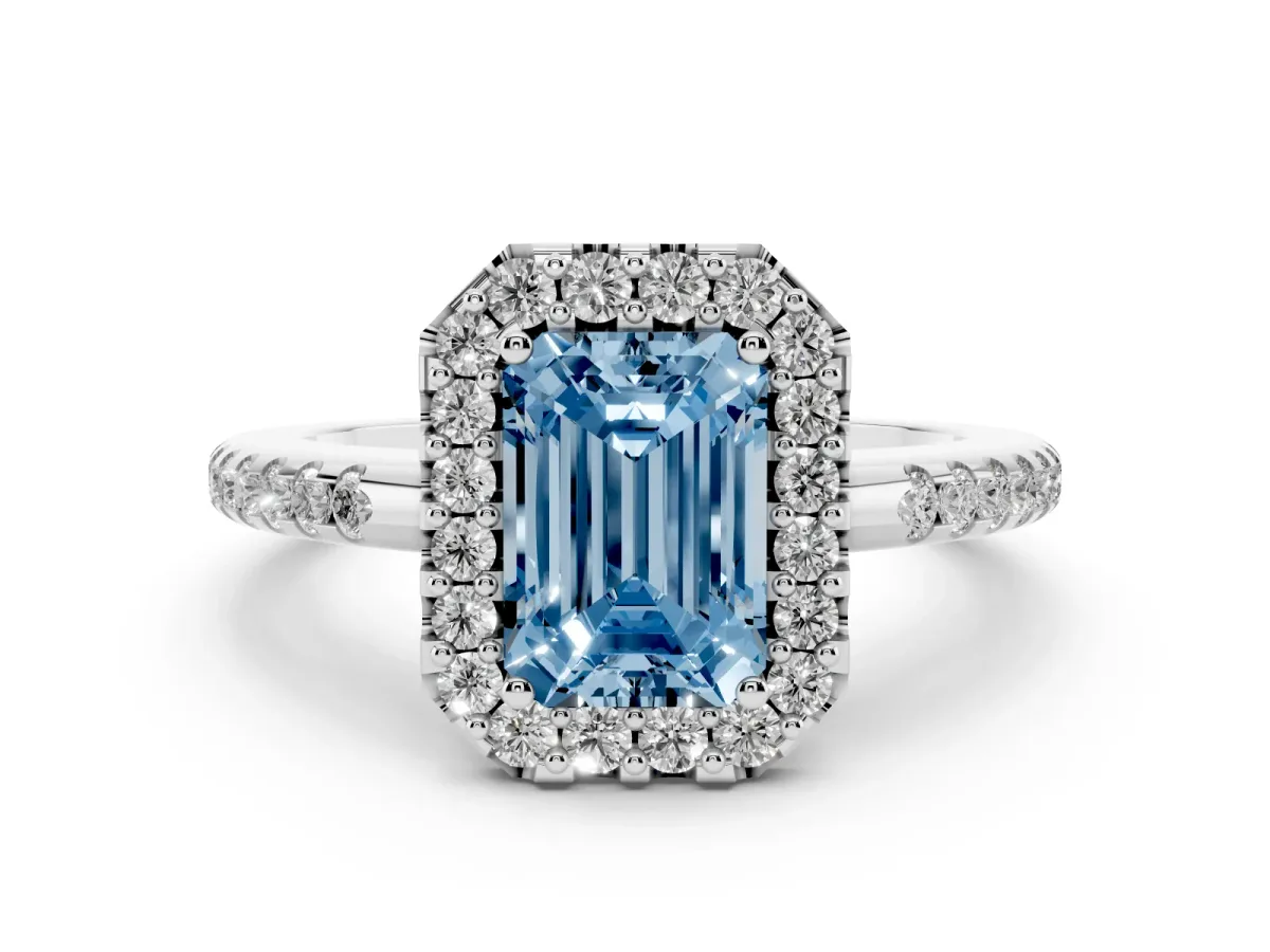 Fancy Blue Emerald Cut Diamond Pavé Halo Ring with Four-Prong Setting White gold