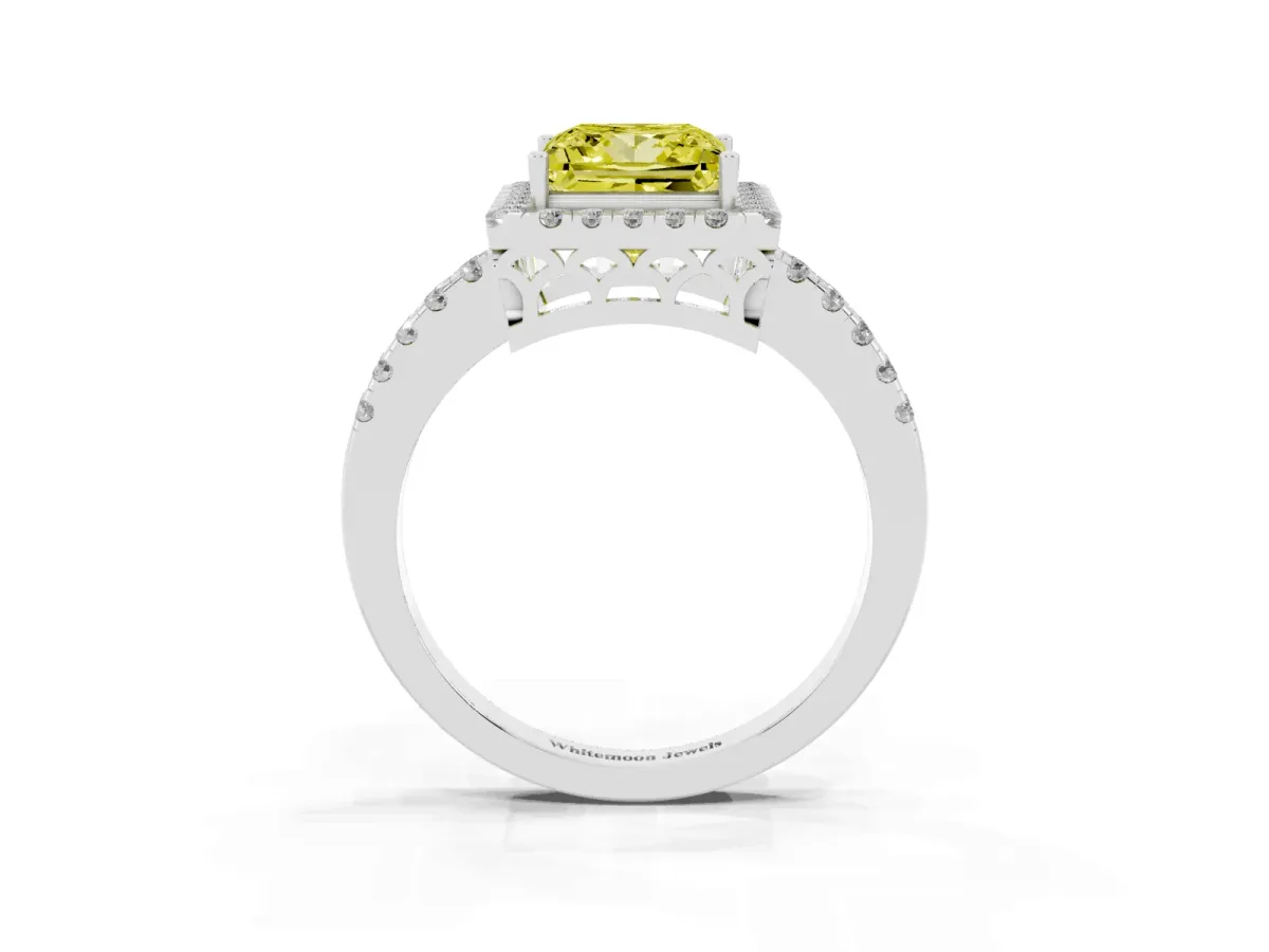 Fancy Yellow Princess Cut Halo Diamond Engagement Ring with Pavé Band and Four-Prong Setting Silver