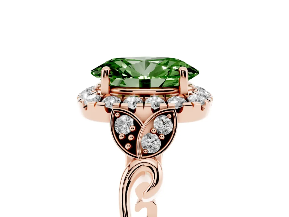 Fancy Green Oval Cut Halo Diamond Engagement Ring with Vintage-Inspired Band and Four-Prong Setting Rose gold