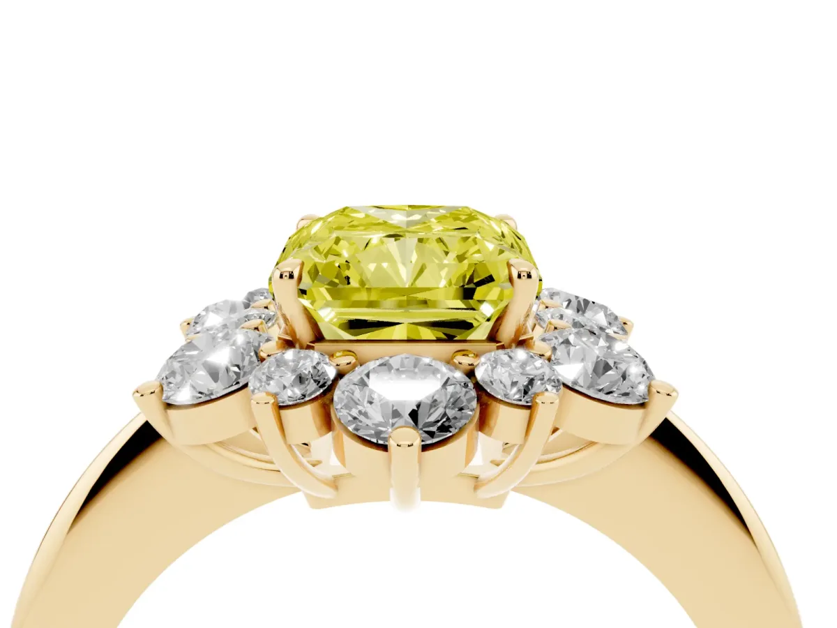 Fancy Yellow Radiant Cut Diamond Cluster Halo Ring with Solitaire Band and Four-Prong Setting Yellow gold