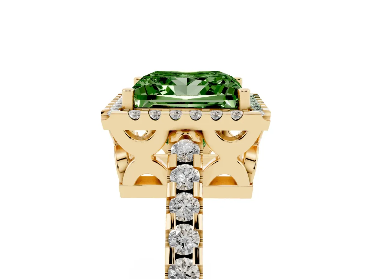 Fancy Green Princess Cut Diamond Halo Engagement Ring with Pavé Band and Prong Setting Yellow gold