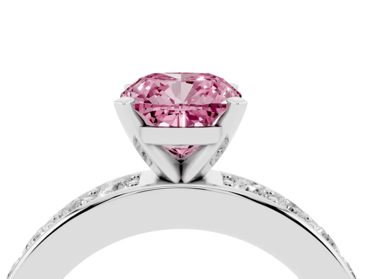 Fancy Pink Cushion Cut Diamond Engagement Ring with Channel Set Round Band and Prong Setting White gold