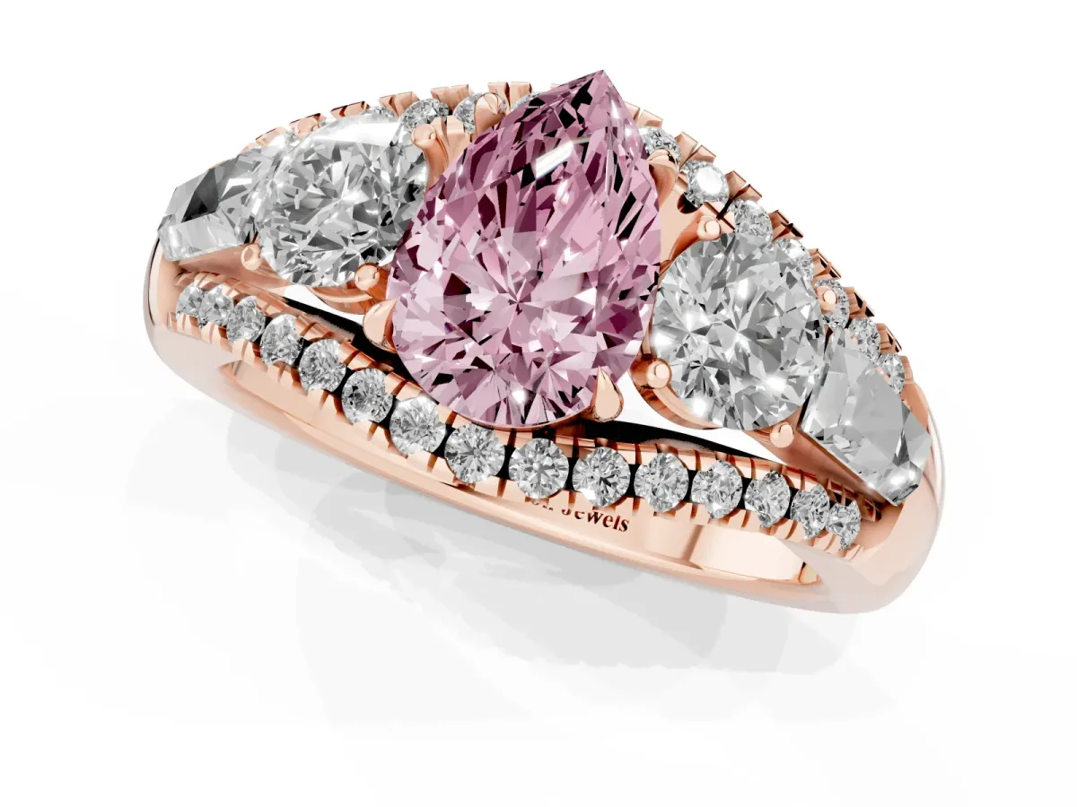 Fancy Pink Three-Stone Pear Cut Diamond Engagement Ring with Pave Band and Prong Setting Rose gold