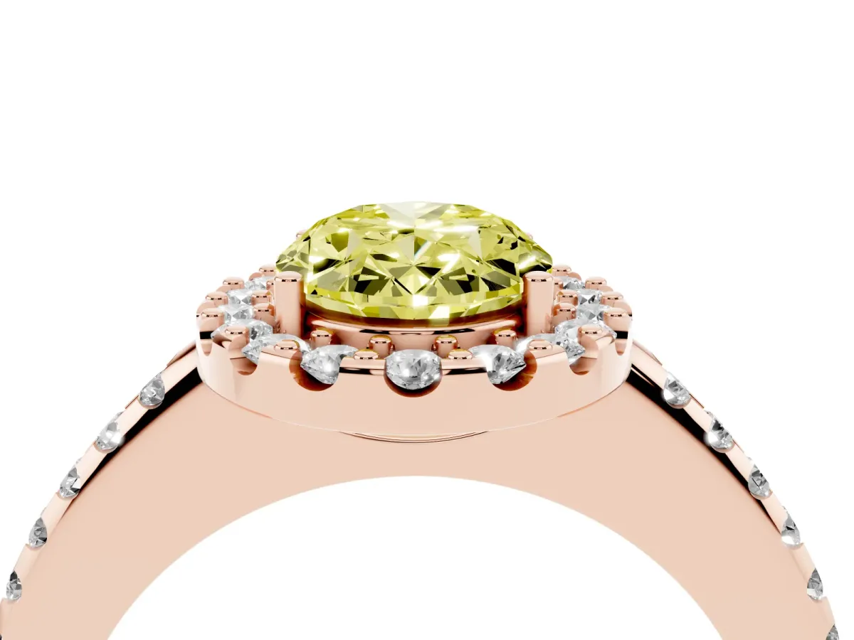 Fancy Yellow Oval Cut Diamond Pavé Halo Ring with Four-Prong Setting Rose gold