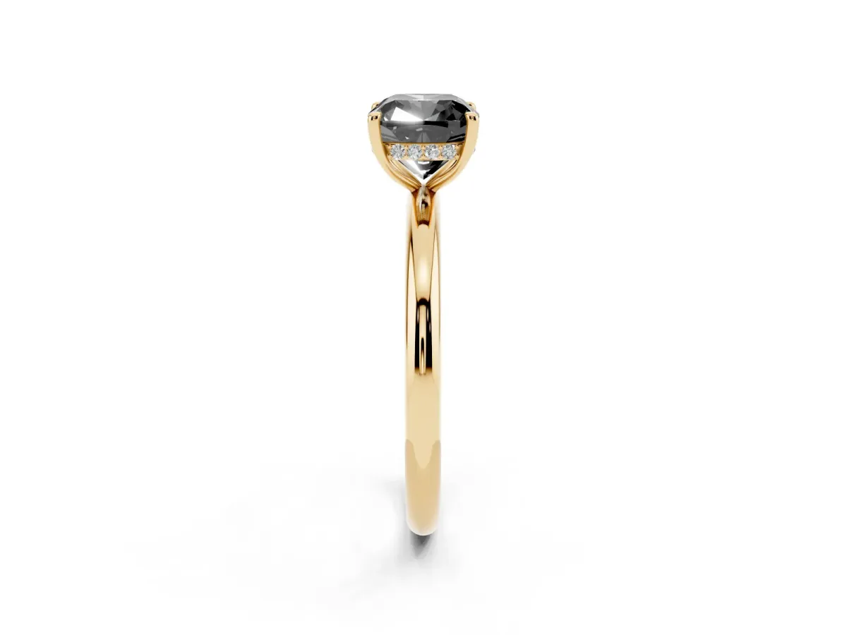 Fancy Black Cushion Cut Diamond Solitaire Ring with Thin Band and Four-Prong Setting Yellow gold