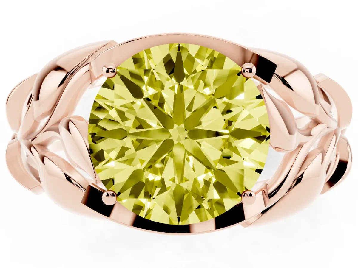 Fancy Yellow Round Cut Diamond Leaf-Inspired Engagement Ring with Round Accents and Prong Setting Rose gold