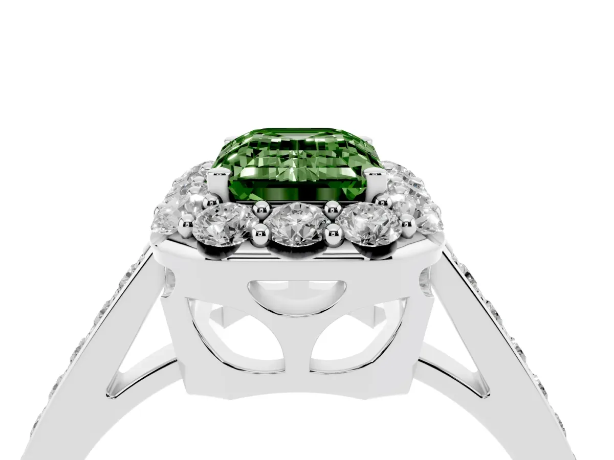 Fancy Green Emerald Cut Diamond Floral Halo Ring with Pavé Band and Prong Setting White gold
