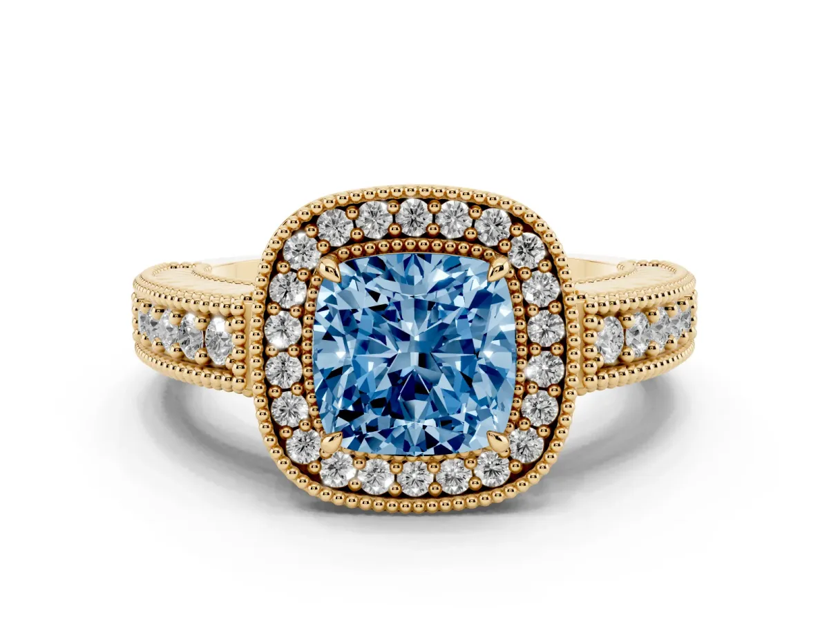 Fancy Blue Cushion Cut Cut Halo Diamond Ring with Pavé Band and Four-Prong Setting Yellow gold