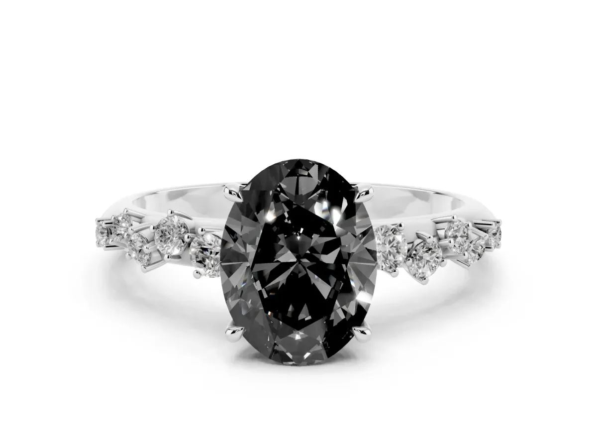 Fancy Black Oval Cut Diamond Cluster Side Stone Solitaire Ring with Prong Setting Platinum