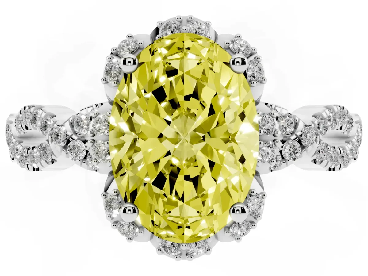 Fancy Yellow Oval Cut Halo Twist Band Solitaire Ring with Six-Prong Setting Silver