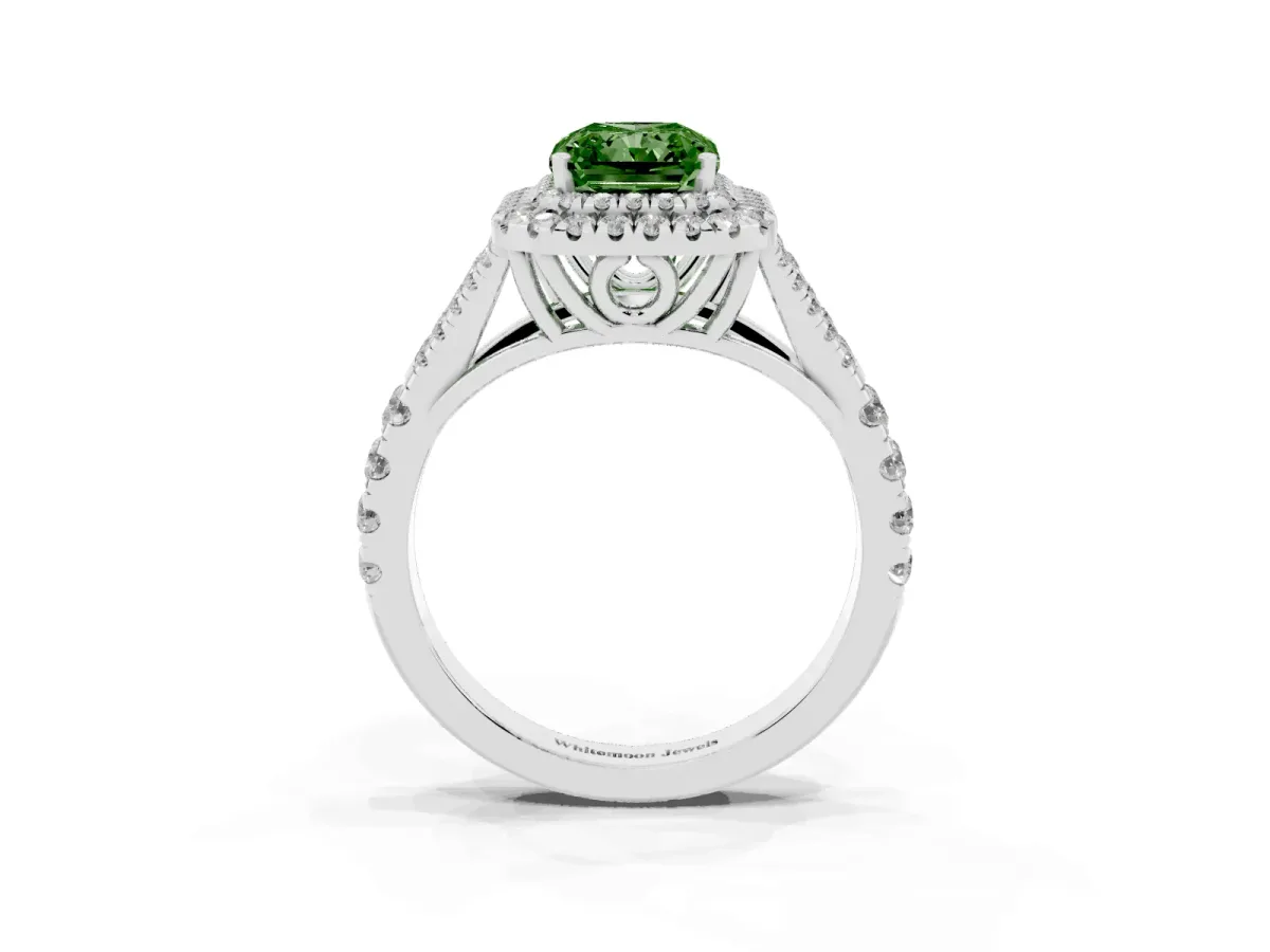 Fancy Green Radiant Cut Diamond Double Halo Ring with Split Shank and Prong Setting White gold