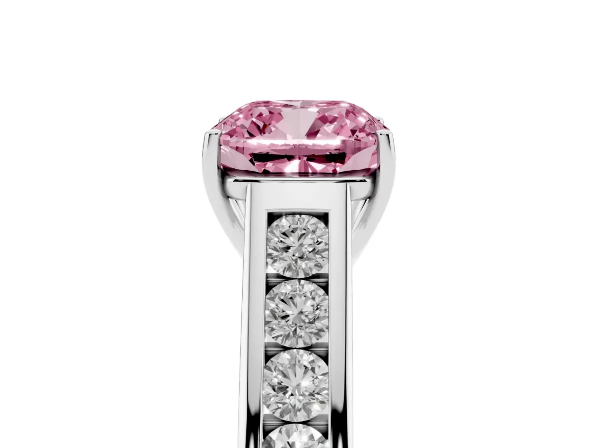 Fancy Pink Cushion Cut Solitaire Channel-Set Diamond Engagement Ring with Four-Prong Setting Silver