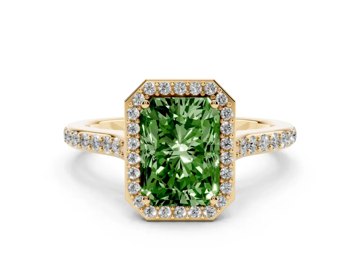Fancy Green Radiant Cut Diamond Halo Engagement Ring with Round Pavé Shoulders and Prong Setting Yellow gold