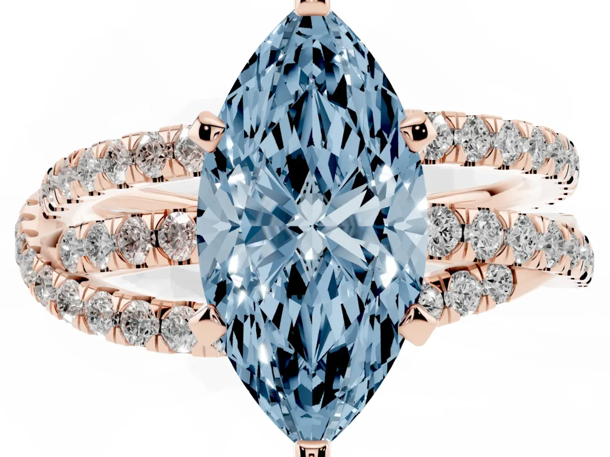 Fancy Blue Marquise Cut Solitaire Twist Band with Pavé Setting and Four-Prong Setting Rose gold
