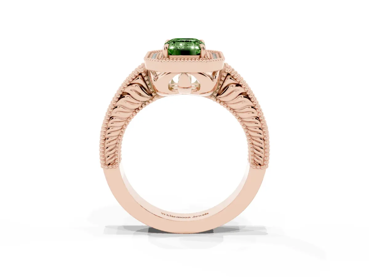 Fancy Green Emerald Cut Cut Halo Diamond Ring with Pavé Band and Four-Prong Setting Rose gold