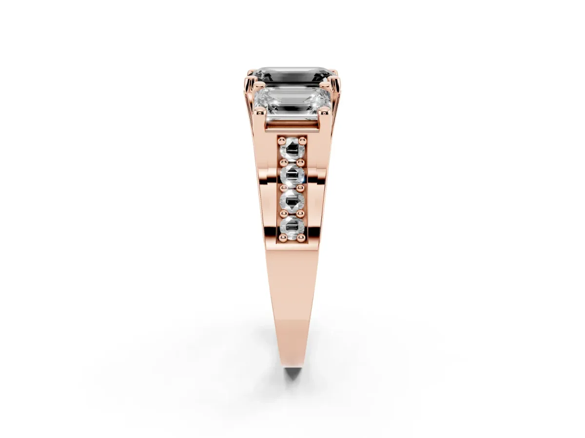 Fancy Black Emerald Cut Diamond Three-Stone Ring with Channel Set Band and Four-Prong Setting Rose gold