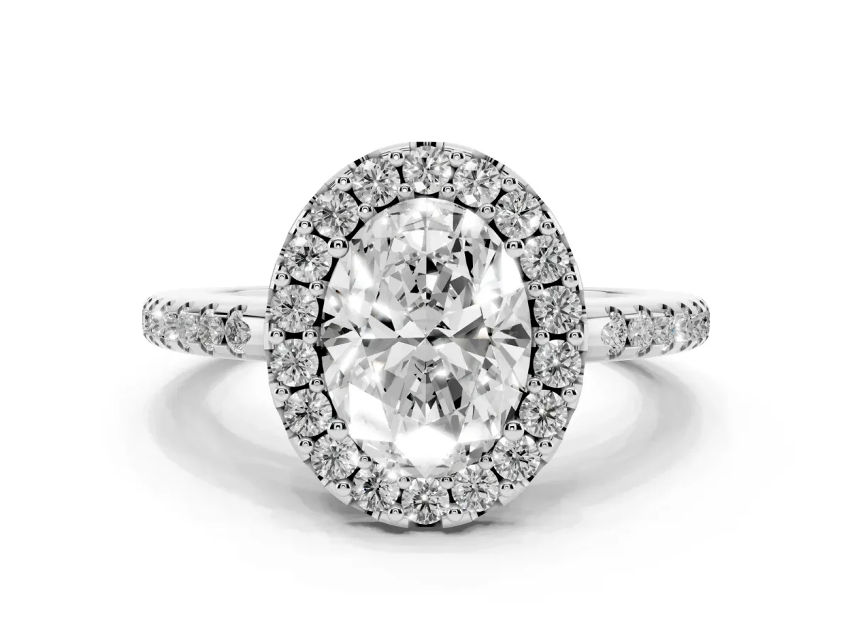 Oval Cut Diamond Pavé Halo Ring with Four-Prong Setting Platinum