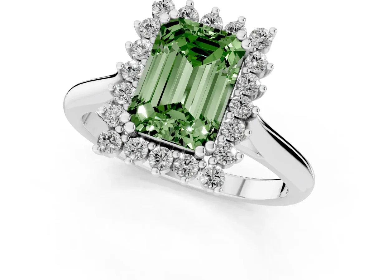 Fancy Green Emerald Cut Cut Diamond Halo Ring with Solitaire Band and Prong Setting Silver