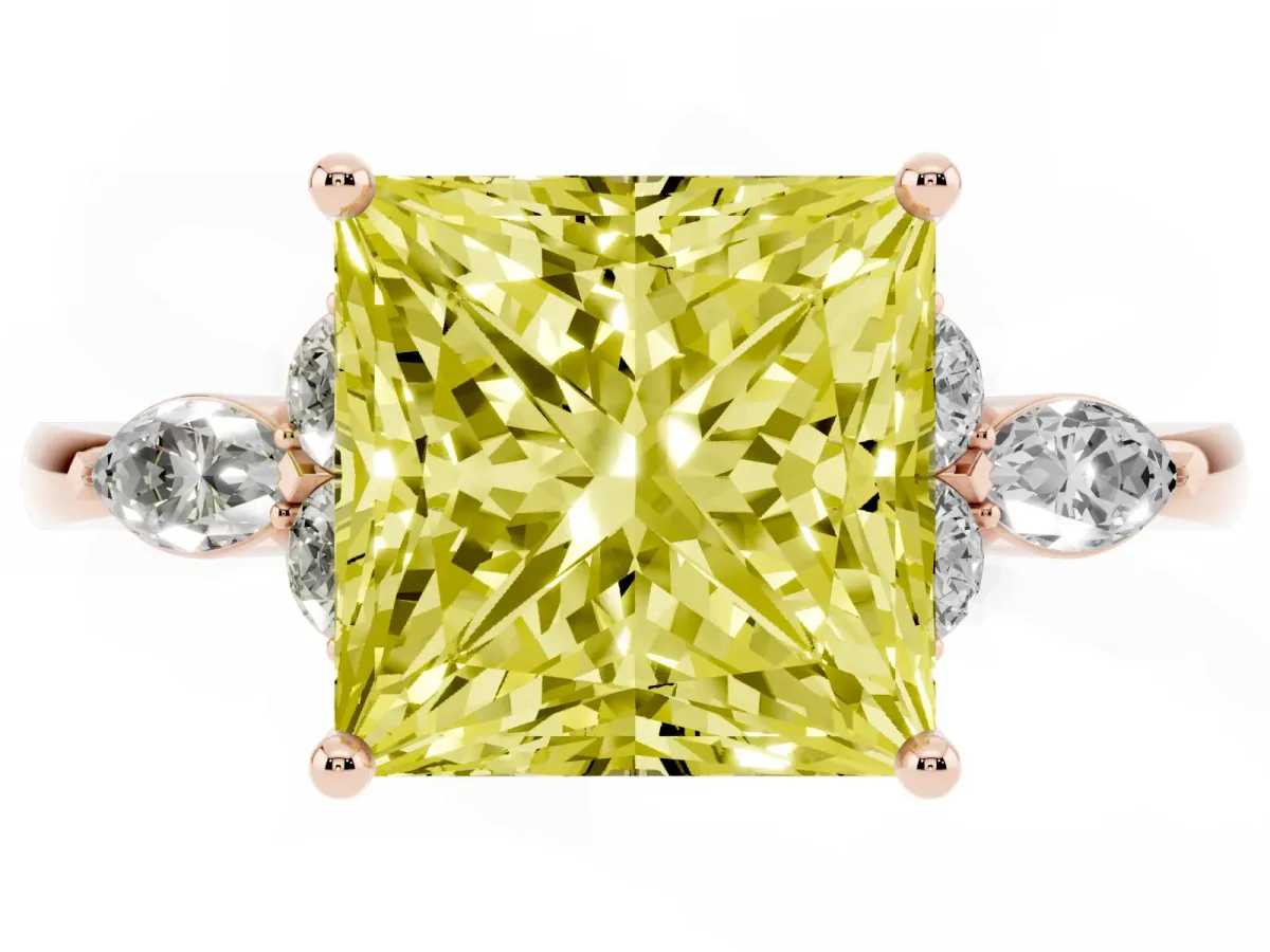 Fancy Yellow Princess Cut Brilliant Diamond Solitaire Ring with Pear Side Stones and Four-Prong Setting Rose gold