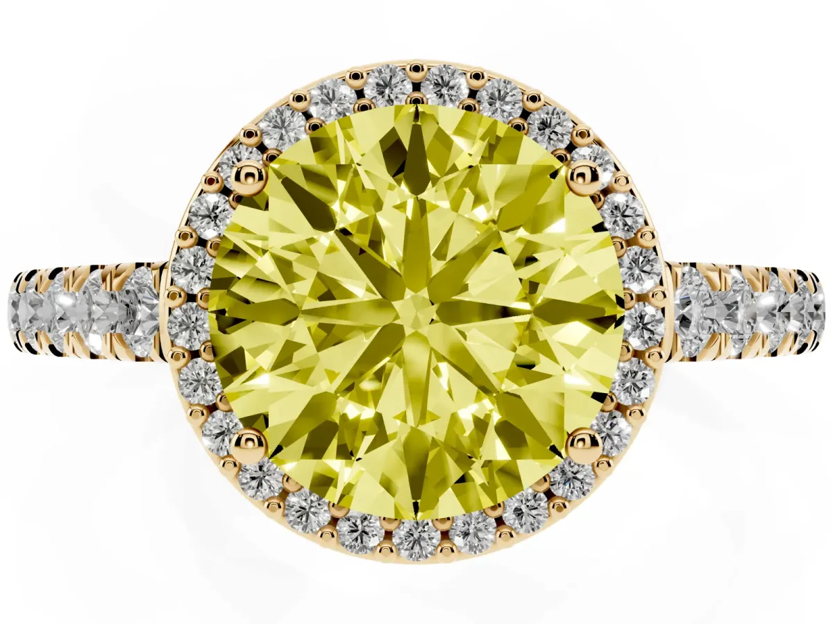 Fancy Yellow Round Cut Cut Halo Diamond Engagement Ring with Pave Band and Four-Prong Setting Yellow gold