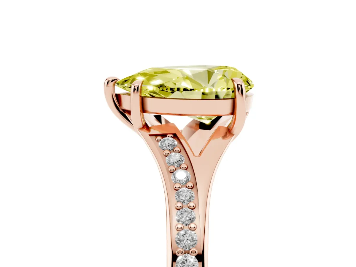 Fancy Yellow Pear Cut Diamond Solitaire Ring with Pavé Band and Prong Setting Rose gold