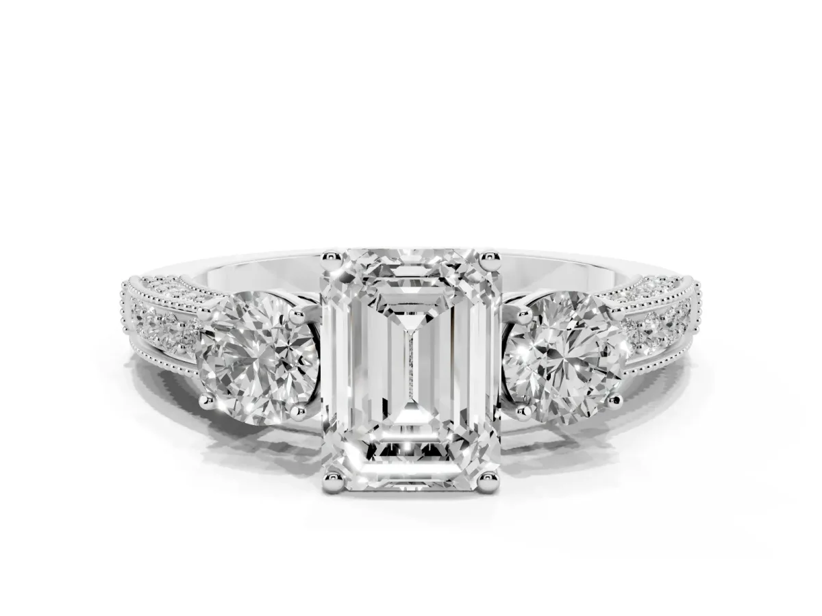 Emerald Cut Three-Stone Diamond Ring with Pavé Band and Four-Prong Setting Silver