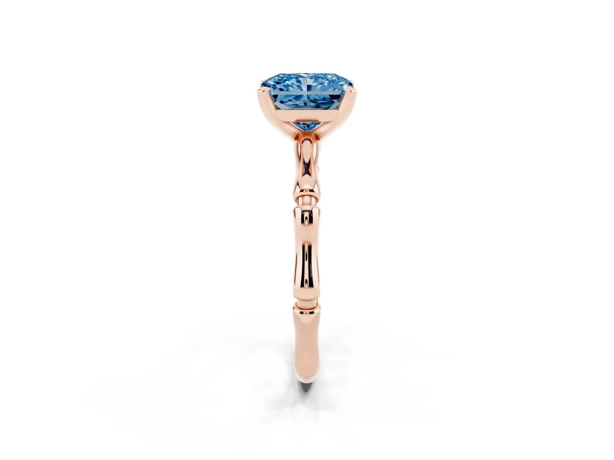 Fancy Blue Radiant Cut Solitaire Diamond Ring with Bamboo Band and Four-Prong Setting Rose gold