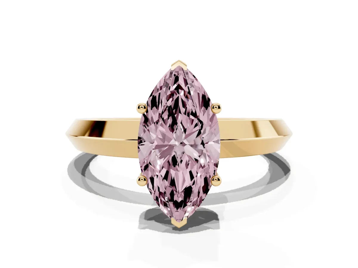 Fancy Pink Marquise Cut Cut Solitaire Engagement Ring with Flat Band and Four-Prong Setting Yellow gold