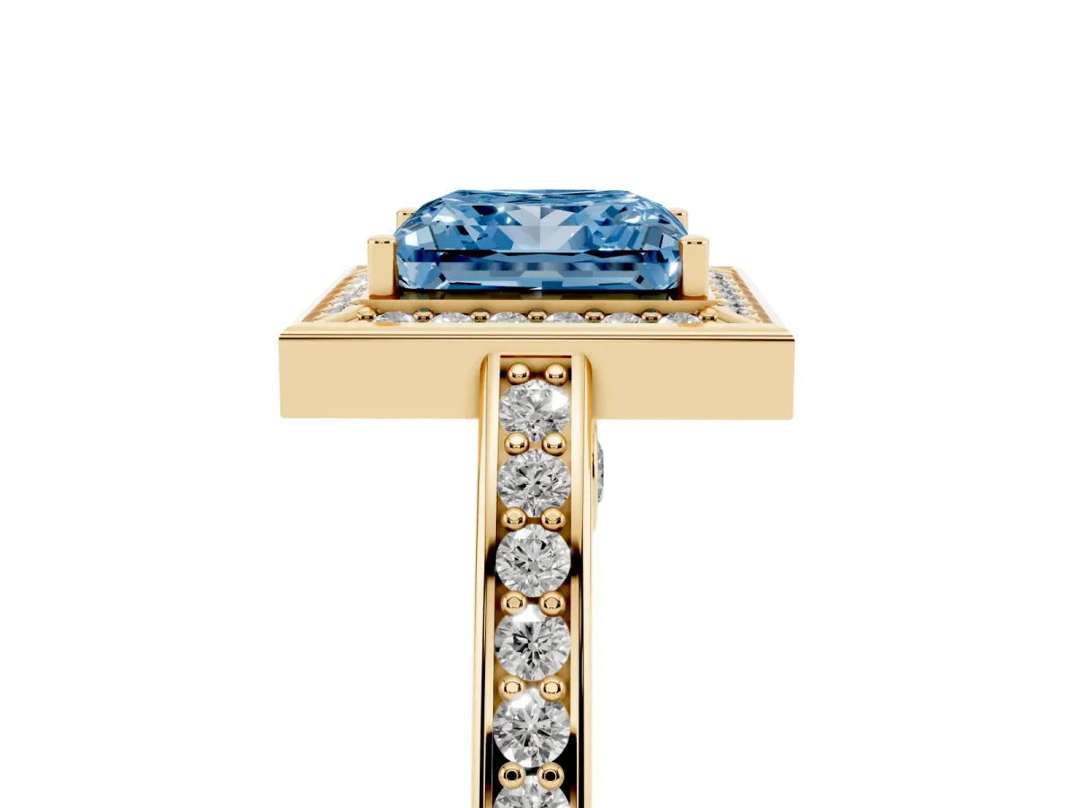 Fancy Blue Princess Cut Cut Halo Pave Split Shank Prong Setting Ring Yellow gold