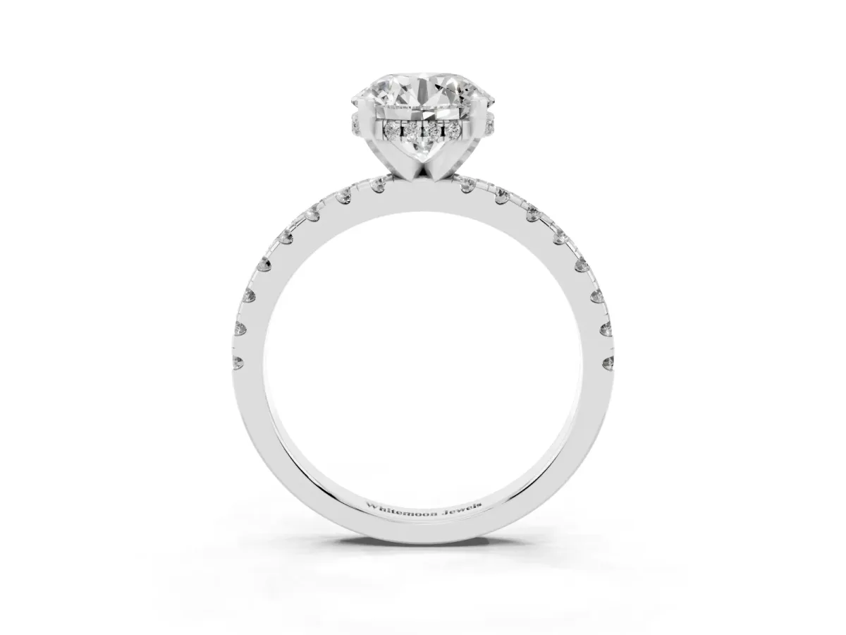 Round Cut Diamond Solitaire Ring with Round Pavé Band and Four-Prong Setting Silver